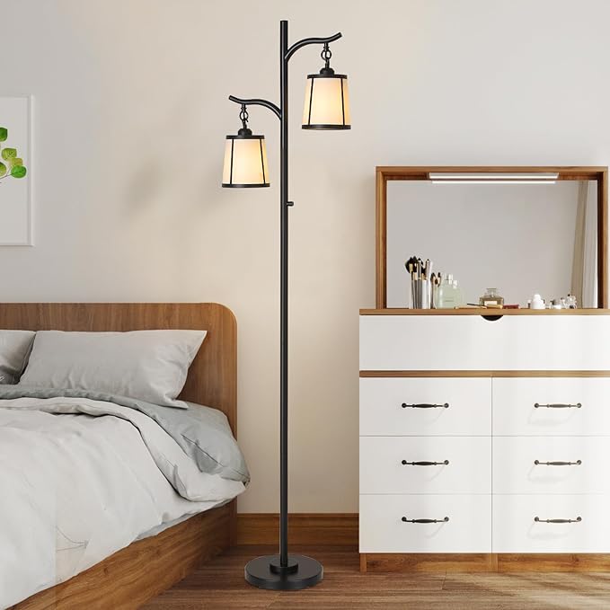 9MMML Farmhouse Floor Lamp for Living Room, 67'' Tall Floor Lamp with 2 Hanging Smooth Faux Leather Lamp Shade, Vintage Black Dimmable Standing Lamp for Bedroom, 2 x 800LM LED Bulbs Included
