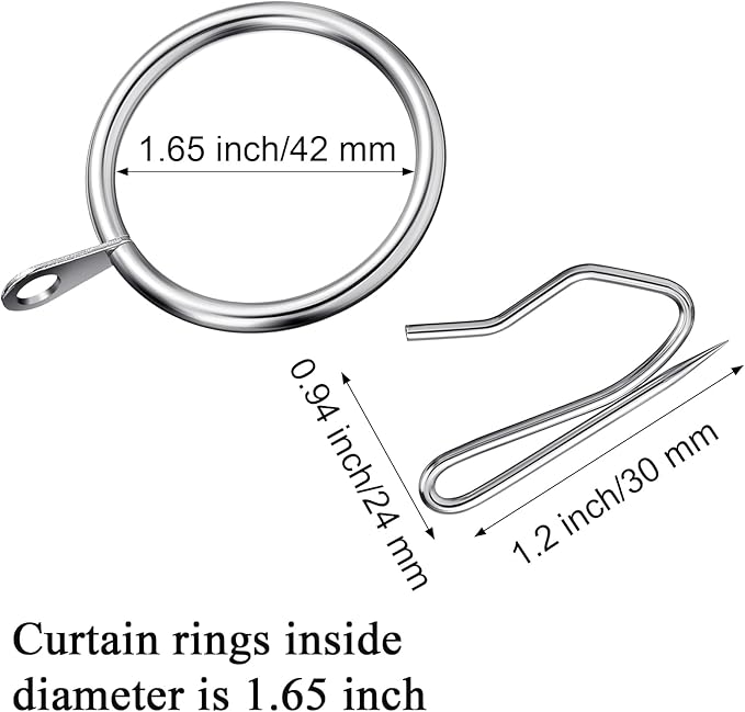 Hotop 30 Pcs Metal Drapery Curtain Rings 0.98/1.26/1.65 inch Interior Diameter and 30 Pcs Hanging Curtain Drapery Pin Hooks for Window Door Shower(42 mm,Silver)