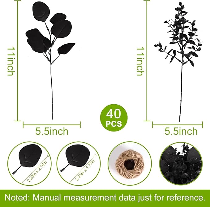 40 Pcs Artificial Black Eucalyptus Stems, Fake Eucalyptus Leaves Branches Bouquet for Flower Arrangement DIY, Black Silk Flowers for Home Halloween Farmhouse Decor