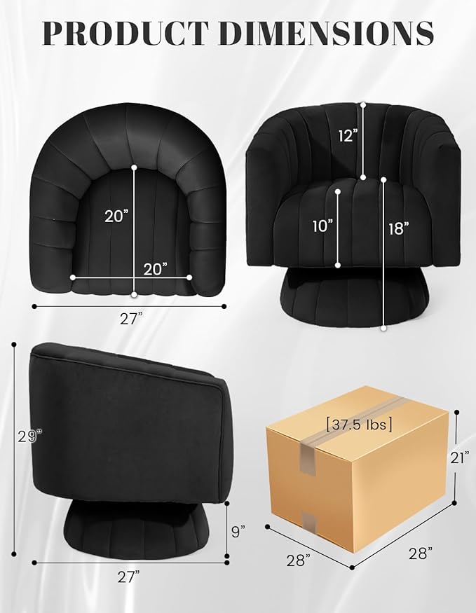 Kromax Swivel Accent Chair with Armrest, Mid Century 360 Degree Swivel Barrel Chair Overstuffed Tufted Velvet, Ideal for Living Room, Bedroom, Reading Room, Black