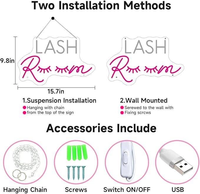 HDJSIGN Lash Room Neon Sign Eyelashes Light Pink Glow LED Sign USB Powered Neon Light for Lash Room Decor Girls Make up Beauty Room Decor Home Wall Decor Birthday Wedding Party Gift for Girls