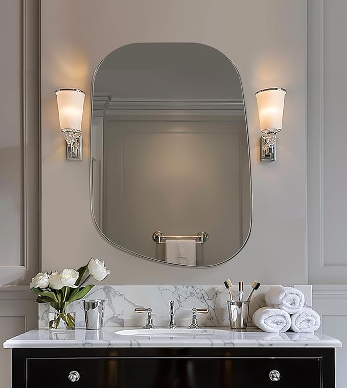 ANDY STAR Chrome Irregular Mirror, 24"x36" Silver Asymmetrical Wall Mirror in Stainless Steel Metal Frame, Unique Vanity Mirror with Modern Curved Design, Ideal for Bathroom, Bedroom, Entryway