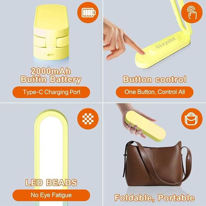 LED Desk Lamp for Office Home & Battery Operated Lamp Rechargeable Lamp Foldable & Portable Light, LED Desk Light Strip, 3 Brightness Dimmable Small Desk Lamp Reading Lamp (Yellow)