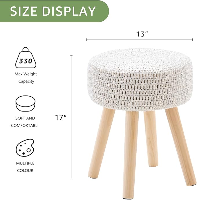 Wimarsbon Pouf Ottoman, 100% Cotton Knitted Boho Footstool, Round Footrest with Non-Skid Wood Legs, Home Décor Handmade Pouffe, Leisure Floor Step Stool for Living Room (Long Leg - Beige)