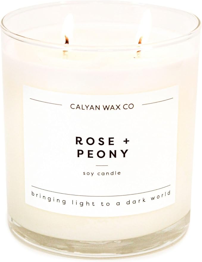 Calyan Wax Co. 2 Wick Candle, Rose + Peony Scented Candle, 37 Hour Burn Time, Aromatherapy Soy Candles, Non Toxic & Vegan Soy Wax, Glass Tumbler Scented Candles, 12.5oz