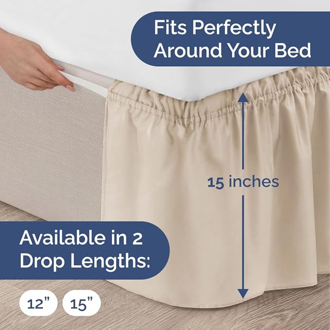 Wrap Around Dust Ruffle Bed Skirt - Wheat - Twin/Twin XL Size Beds w/ 15 Inch Drop - Easy Fit Elastic Strap - Adjustable Pleated Bedskirt w/Brushed Fabric - Wrinkle Free - Women, Men, Kids & Teens