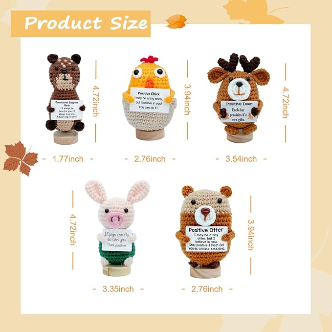 5 PCS Emotional Support Positive Chick, Deer, Otter, Pig, Bear, Stress Relieving Handmade Crochet Animals, Collectible Dolls Decorative Gifts for Friends and Family