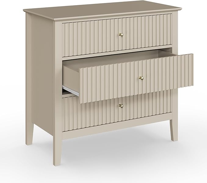 Large Beige 3 Drawer Dresser, Painted 30 Inch Tall Wood Nightstand with Storage, Wide Modern Chest of Drawers with Ball Bearing Slide for Bedroom Hallway Living Room Entryway Office