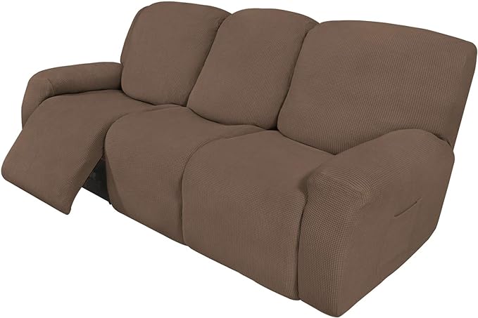 Easy-Going 8 Pieces Recliner Sofa Stretch Sofa Slipcover Sofa Cover Furniture Protector Couch Soft with Elastic Bottom Kids, Spandex Jacquard Fabric Small Checks Brown