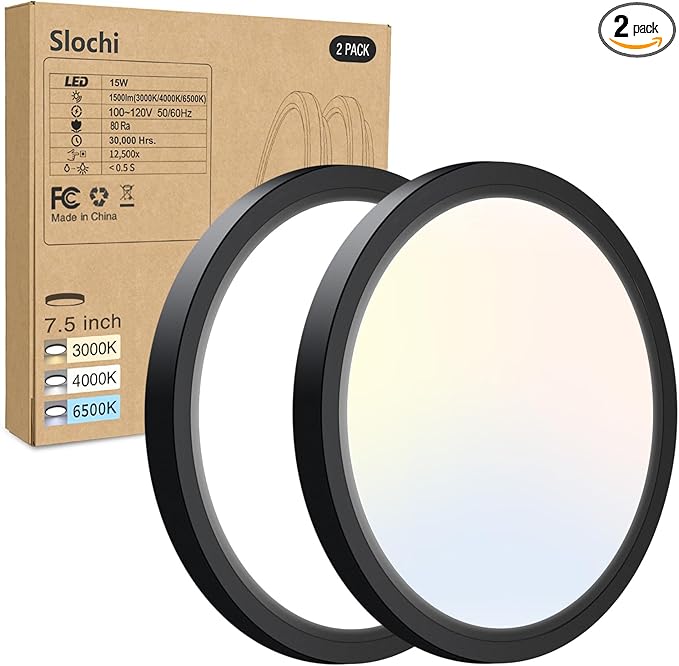 2PACK LED Flush Mount Ceiling Light Fixture, 3000K-4000K-6500K & 100W Equivalent Modern Kitchen Ceiling Lamp 15W 1500Lm 7.5 Inch Closet Round Surface for Bathroom Laundry Bedroom Hallway, Black