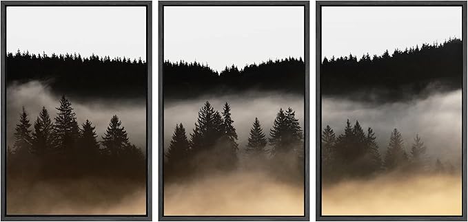 SIGNWIN Framed Canvas Print Wall Art Woodland Nursery Decor Set Misty Dark Mountain Forest Silhouette Nature Wilderness Modern Art Rustic Landscape for Living Room, Bedroom, Office - 16"x24"x3 Black