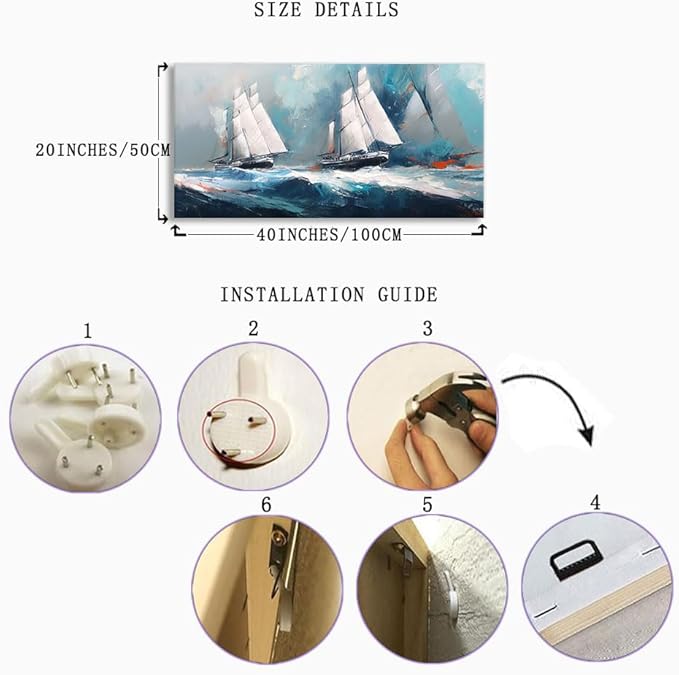 RUISHI Ocean Wall Art For Living Room Abstract Sailboat Canvas Nautical Painting Teal Blue Textured Print Coastal Themed Picture Artwork for Bedroom Bathroom Home Office Decoration 40L x 20W