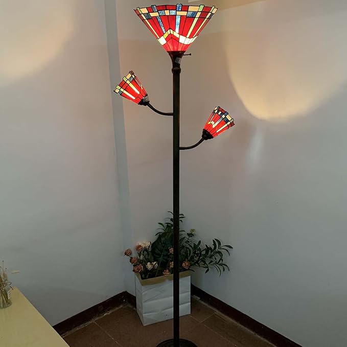Bieye L10835 Mission Tiffany Style Stained Glass Floor Lamp for Reading Working Decorating, 3-Lights, 70 inches Tall