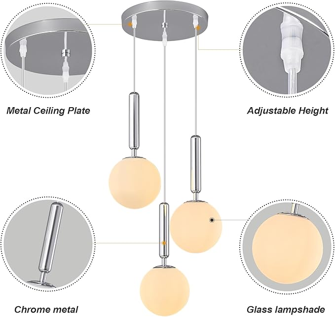Modern Chrome Pendant Light Hanging Fixture Light for Kitchen Island Mid Century with Globe Pendant Light Milk White Glass Pendant Lighting for Living Room Bedroom Entryway (3 Lights)