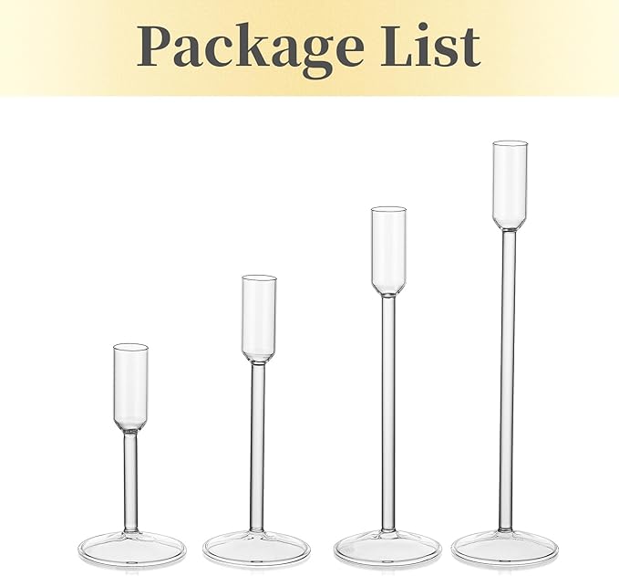 Hewory Glass Taper Candlestick Holders: Taper Candle Holders 4Pcs Glass Candle Stick Candle Holder, Clear Tall Candle Holders for Dinner Table Centerpiece Wedding Christmas Holiday Party Decorations