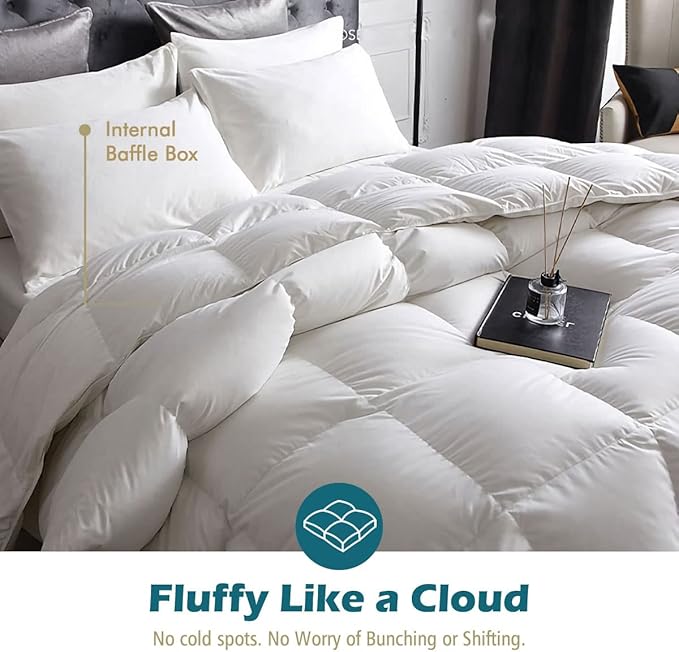Cobnom® Luxury Organic Down Feather Comforter California King, High Fill-Power Down Feather Fibers Filled Duvet Insert, 100% Cotton Cover, Medium Warm for All-Season, Ivory White, 104x96 Inch