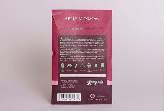 Floral Simplicity Apple Blossom Scented Sachets Pack of 6, Fall & Winter - Long-Lasting Scented Bags, Home Fragrance, Air Freshener & Deodorizer for Closet, Room, Drawer, or Cars, Made in The USA