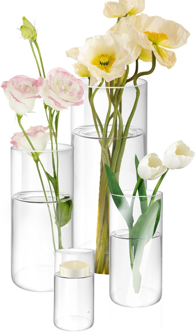 4 Pack Glass Cylinder Vases, 4,6,8,10 Inch Tall Clear Flowers Vases for Centerpieces, Floating Candles Vase,Hurricane Glass Candle Holders Vase for Wedding Home Tables Decor