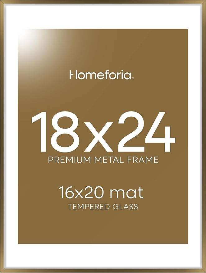 Homeforia Picture 18x24 Bronze Frame, High End Metal 18x24 Brass Poster Frames with Mat 16x20 for Photo, 18 x 24 Frame Matted to 16 x 20 Print, 24x18 Hanging Frames, Tempered Glass, Wall Kit, Set of 1