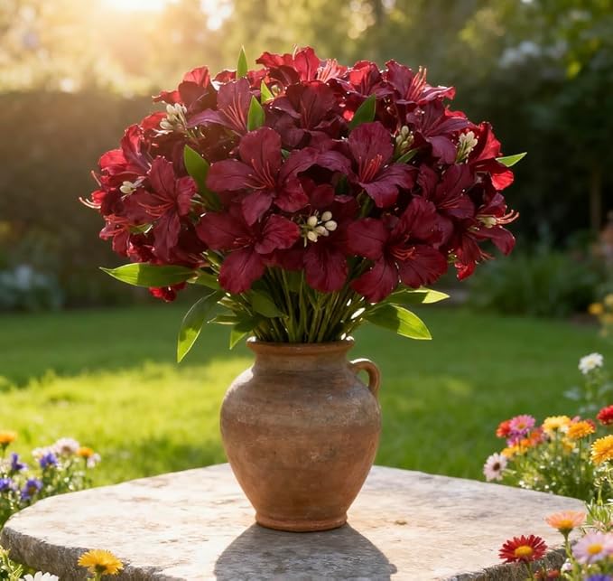 10-Bud Artificial Lily Flowers, 4 Pcs Fake Outdoor Flowers, UV Resistant Faux Flowers for Outdoor Planters, Silk Flowers for Wedding Decoration (Red)