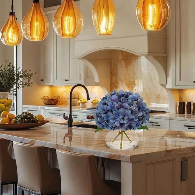 Hollyone Blue Hydrangea Fall Flowers Artificial for Decoration with Glass Vase Autumn Silk Faux Flower Arrangements with Fake Water Table Centerpiece Vase with Flowers Fall Decorations for Home