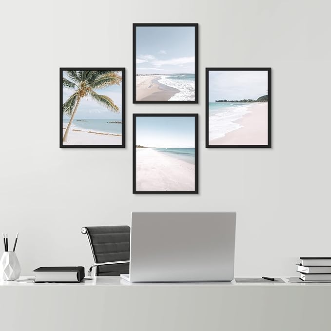 SIGNWIN Framed White Beach Shore Tropical Palm Tree Island Wall Art, Set of 4 Landscape Colorful Wall Decor Prints, Nature Wilderness Wall Décor for Living Room, Bedroom - 12"x16" Black