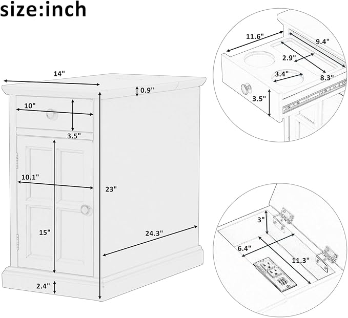 Traditional Wood Narrow End Table with Charging Station, Modern Vintage Sofa Side Table Storage & Multifunctional Drawer, Antique Brown Set of 2 for Living Room, Bedroom, Office, No Assembly