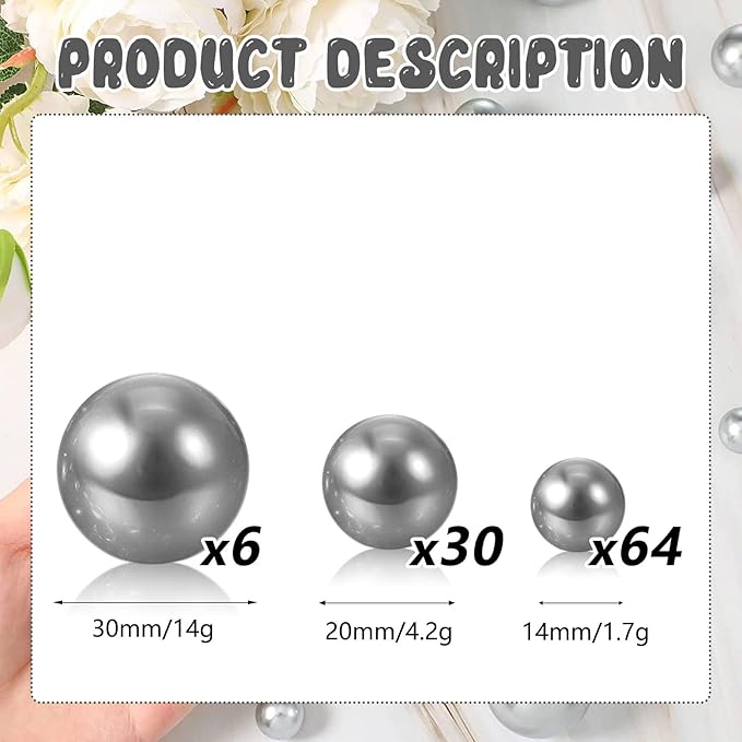 100PCS Silver Grey Faux Pearls Beads for Centerpiece Vases, Vase Filler Faux Pearls, No Holes Filler Beads for Party Anniversary Birthday Wedding Table Decor, 14/20/30mm