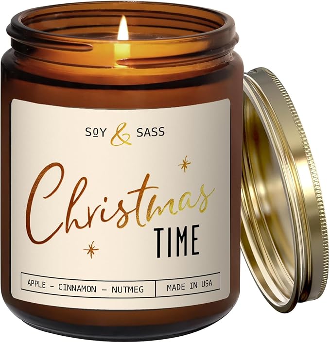 Christmas Candles Scented – ‘Christmas Time’ Soy Christmas Candle, w/Apple, Cinnamon, Clove - Infused with Essential Oils I Holiday Candles I 9oz, 50Hr, Made in USA