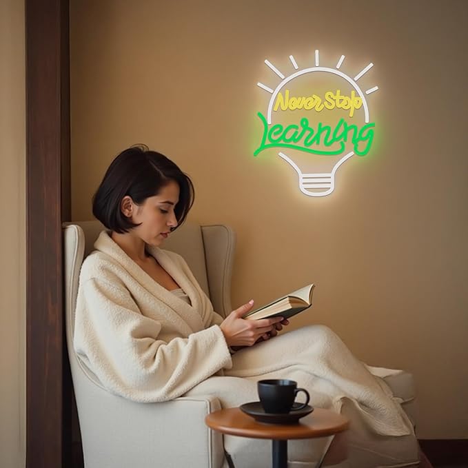 Never Stop Learning Neon Signs for Wall Decor USB Powered & Dimmable Neon Lights SignInspirational Letter Neon Lights for Classroom Library Study Room Bookstore Reading Corner&Book Club Motivational Wall Art