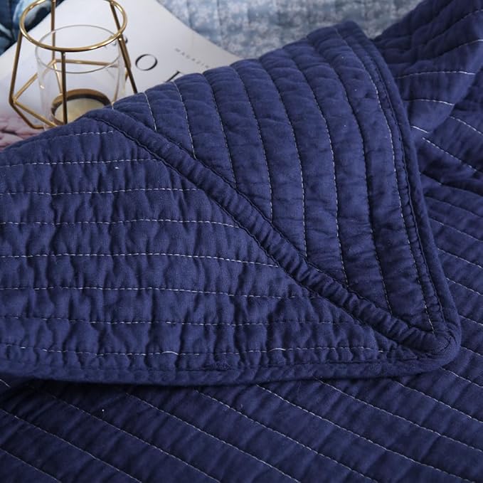 ENASAL Cotton Bedspread Quilt Sets Reversible Bedding Coverlet Sets Luxury Floral White Blue Real Patchwork Bedspread, King Size