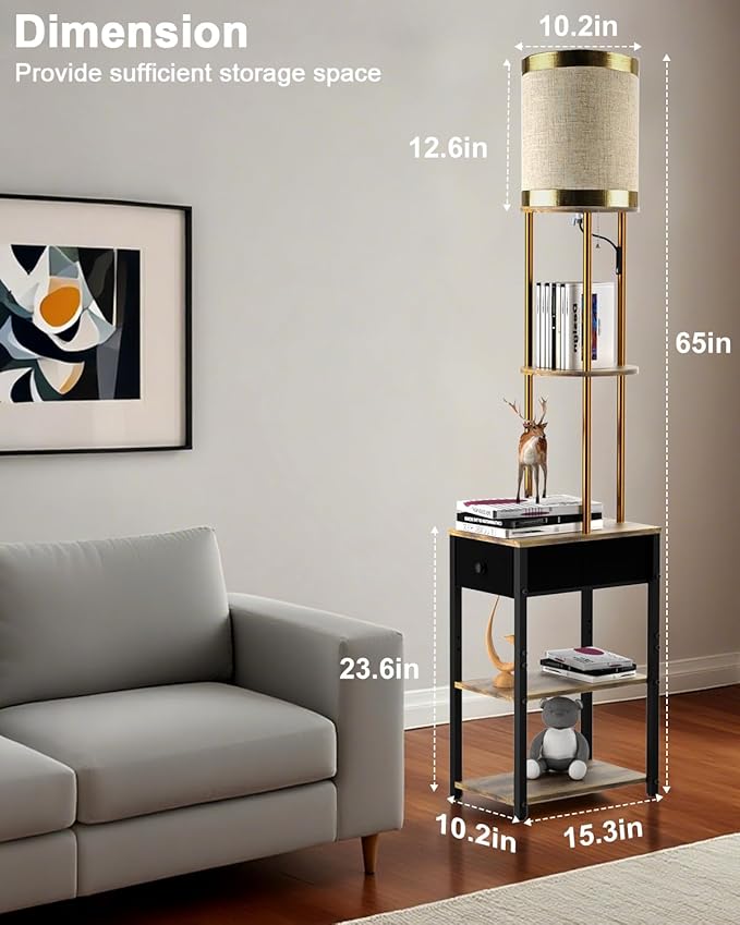 Lightdot 65IN Floor Lamps with Storage Table&Drawer, Corner Shelf Lamps with Black End Table and Fabric Lampshade, Modern Standing Tall Lamp for Living Room/Bedroom/Office(E26 LED Bulb Included)