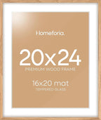 Homeforia 20x24 Picture Frame Wood, High End Natural Oak 20x24 Frame Matted to 16x20 Photo, 20 x 24 Light Wooden Poster Frames with Mat 16 by 20, 24by20 Thin Frames, Tempered Glass, Wall Kit, Set of 1