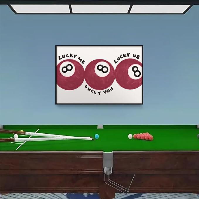 Red 8 Ball Poster, Lucky Me Lucky You Lucky Us Quote Canvas Wall Art, Playful Billiards Balls Picture Print, Retro 8ball Pool Painting for Bar Cart Game Room Man Caves Wall 12x16in Framed