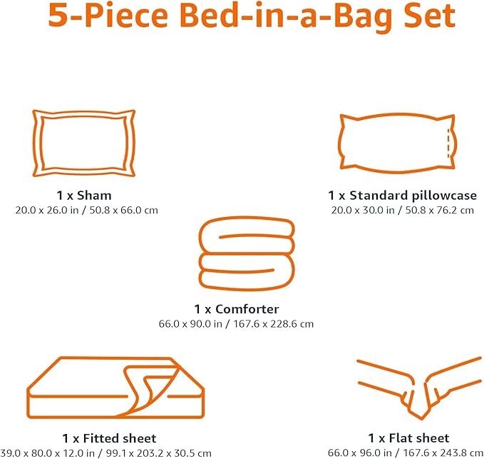 Amazon Basics Twin/Twin XL Comforter Set with Printed Sheets, 5-Piece Gray Leaf Bedding, Lightweight Microfiber Bed-in-a-Bag