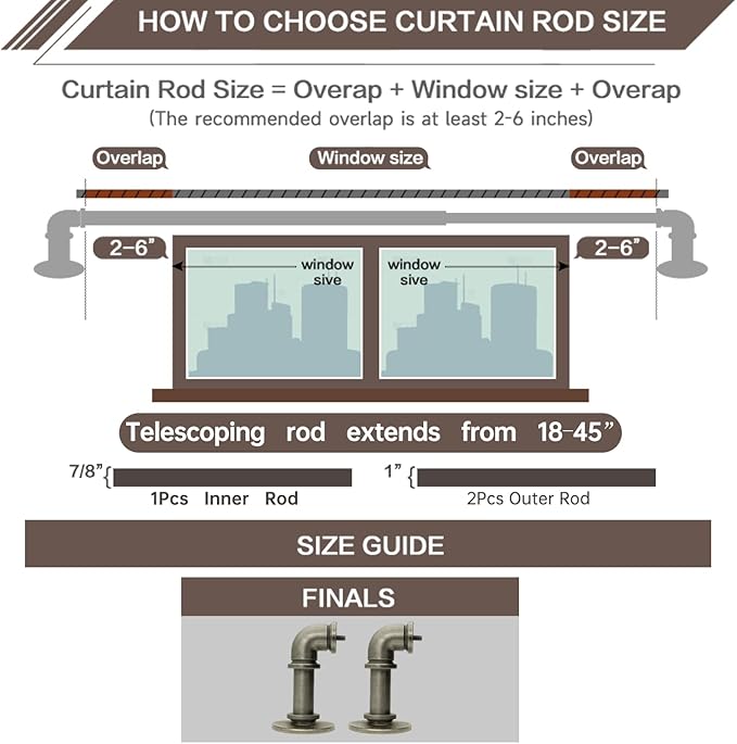 Industrial Curtain Rods 18 to 45 in,Blackout Curtain Rod,Adjustable Length,1 in Diameter Pipe,Wall or Ceiling Mounted,for Bedroom and Living Room (Antique Silver 18” to 45”)