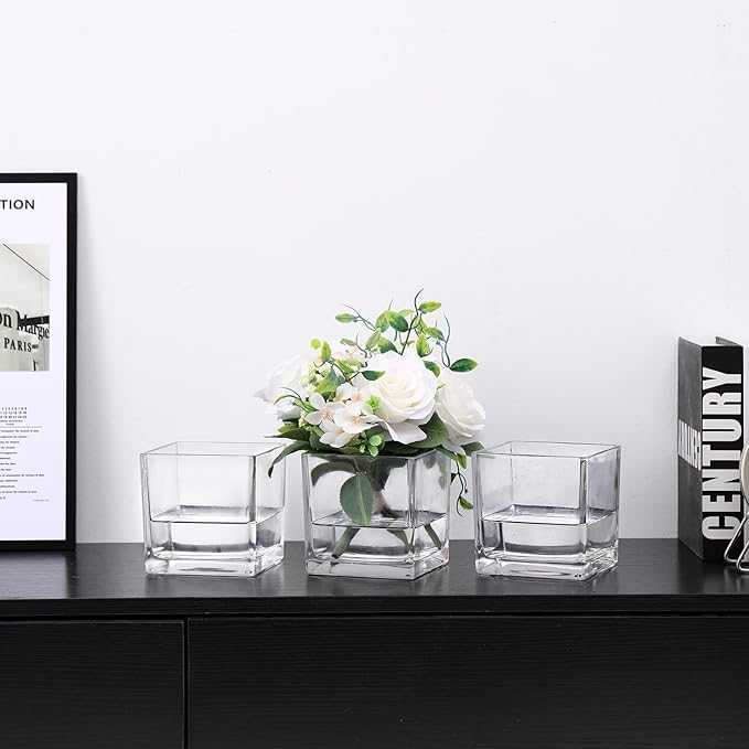Square Clear Glass Vases Set of 6, 5" x 5" x 5" Flower Vases for Centerpieces, Square Vase for Centerpieces, Small Vase for Wedding, Party, Home Office Decoration