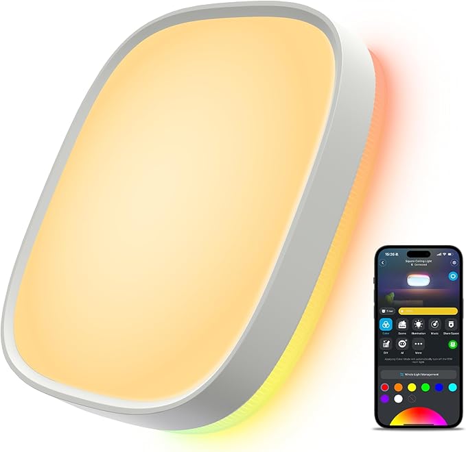 Govee Smart Ceiling Light, RGBIC LED Square Ceiling Light Fixture Works with Matter, 2400LM Flush Mount Light Fixture, DIY Colors, 2700K-6500K Dimmable for Bedroom, Living Room, 12 Inch, 1 Pack