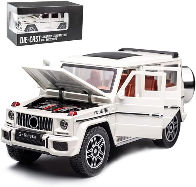 EROCK Exquisite Car Model Toy 1/24 Benz G63 Off-Road Model Car, Zinc Alloy Pull Back Toy Car with Sound and Light for Kids 4 Years Old Boys Girl Birthday Gift Children‘s Day Gift (White)
