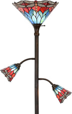 Bieye L10837 Dragonfly Tiffany Style Stained Glass Torchiere Floor Lamp with Sidelights for Reading, 70-inches Tall (Dragonfly, Red Blue)