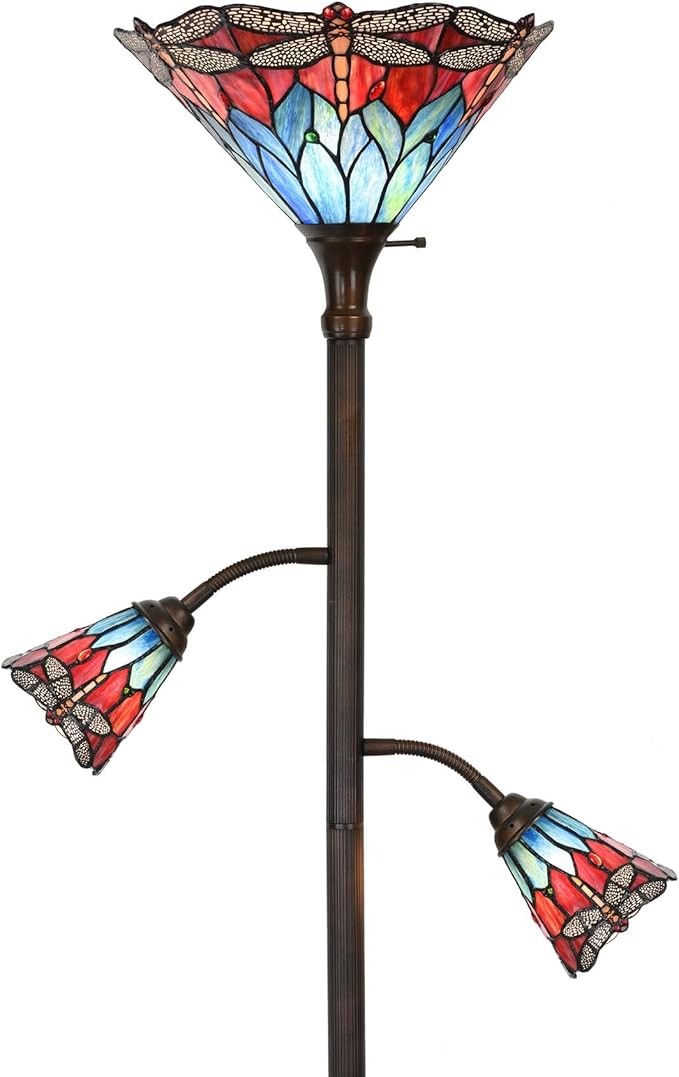 Bieye L10837 Dragonfly Tiffany Style Stained Glass Torchiere Floor Lamp with Sidelights for Reading, 70-inches Tall (Dragonfly, Red Blue)
