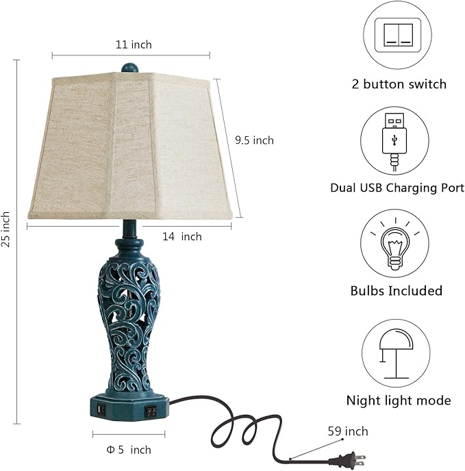 25'' Farmhouse Table Lamps Set of 2 for Living Room Bedroom, 2 USB Ports Coastal Vintage Table Lamp with Nightlight, Blue Green Hollow Out Resin Lamp for End Table (Bulbs Included)