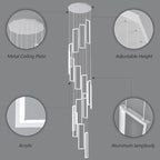 Modern Adjustable Height Pendant Light Fixture White 288W LED Pendant Lights 16 Rings Rectangular Chandelier Staircase Large Chandelier Lobby Living Room Foyer High Ceiling Chandeliers