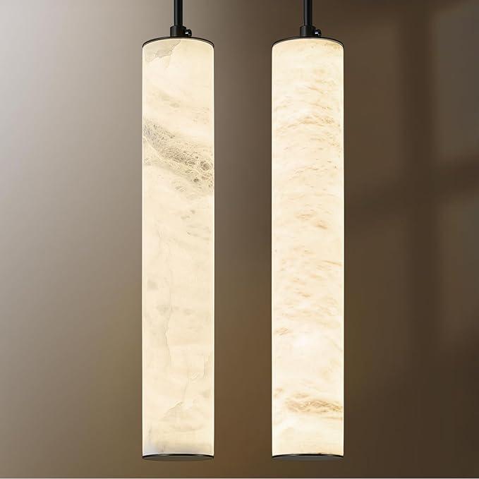 LMQNINE Natural Alabaster Pendant Lights for Kitchen Island White Marble Long Tube Chandelier Modern Black Ceiling Light Fixtures for Bedroom Dining Room Table Living Room Hallway(M-2Pack)