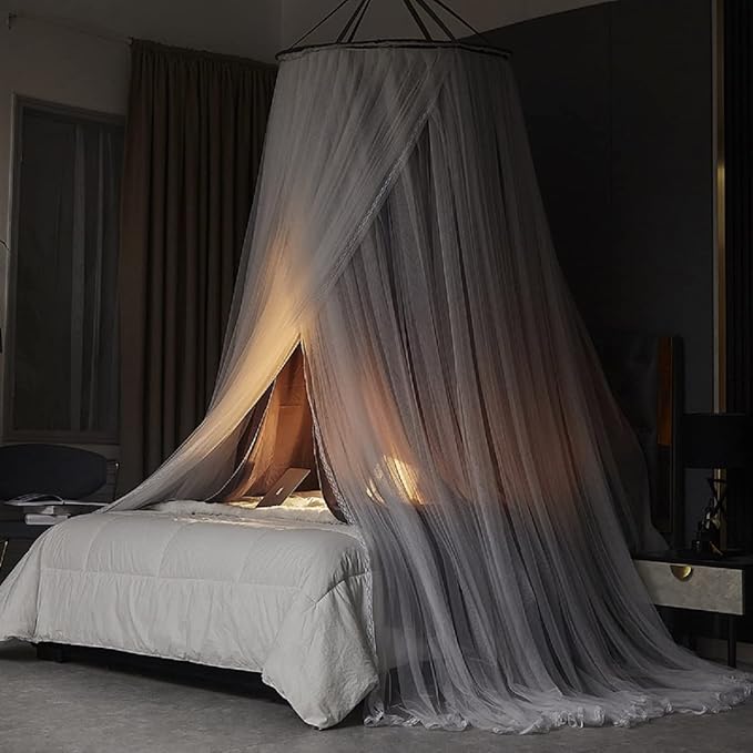 Kertnic Luxurious Bed Canopy for Girls & Adults - Double Layer Princess Canopy with Lace, Round Dome Mosquito Netting for Queen/King Bed Tent (New Gray)