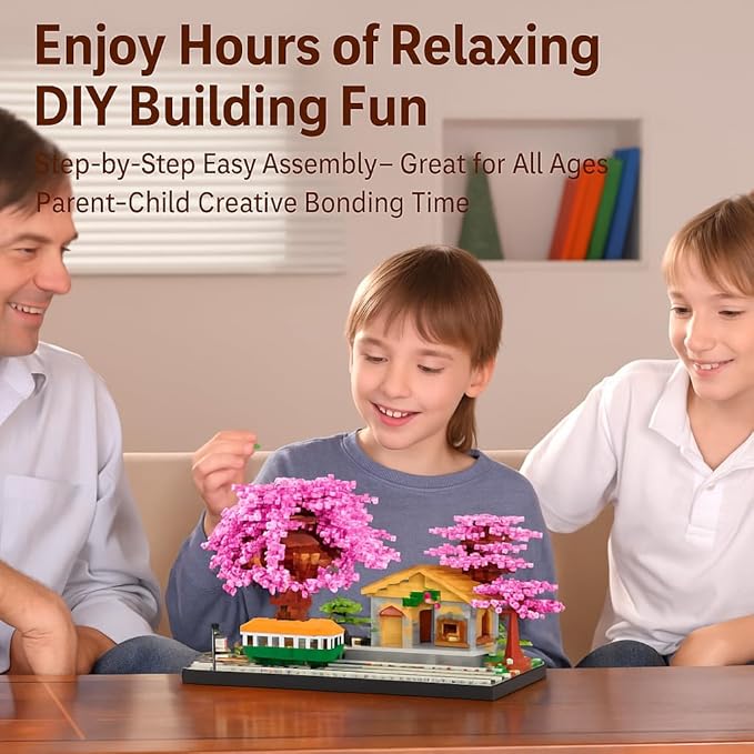 Cherry Train Building Set, Japanese Sakura Train Station Scene with Cherry Blossom Trees, Collectible Architecture Model Kit Mini Bricks Toys 3668 Pieces