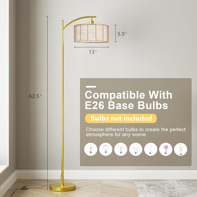 Oneach 62.5'' Arc Floor Lamp for Living Room, Rattan Boho Floor Lamp with Gold Metal Base, Double Shades, Farmhouse Rustic Modern Standing Lamp for Bedroom Office Corner