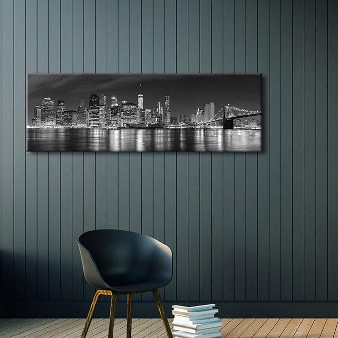 Wieco Art New York Manhattan Night View in Black and White Giclee Canvas Prints Modern Stretched and Framed Art work Cityscape Pictures Paintings on Canvas Wall Art for Bedroom Home Decorations