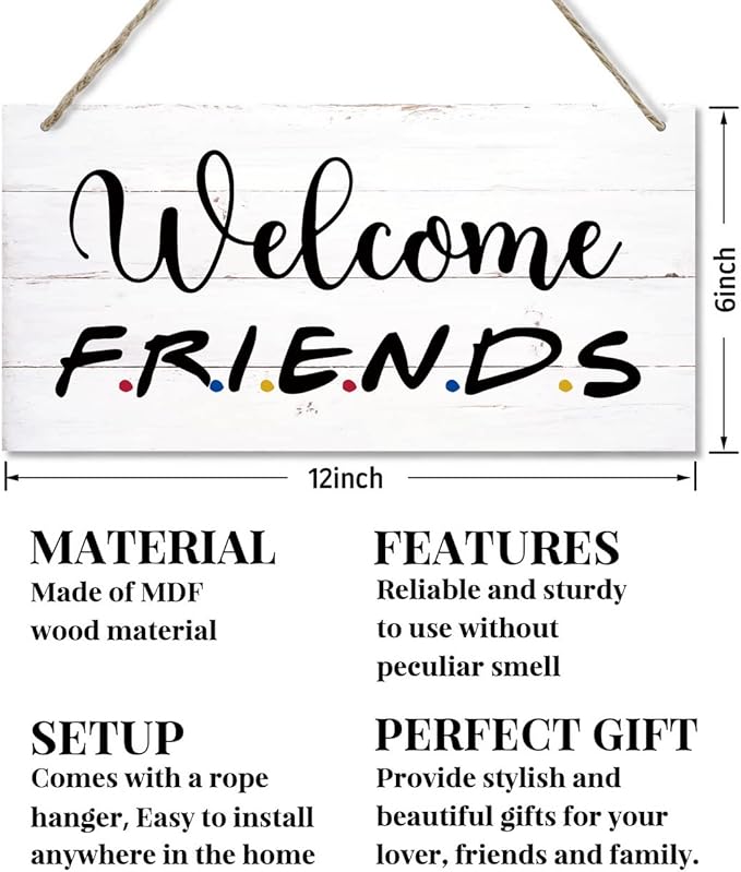 Welcome Friends Decor Sign, Hanging Wood Sign Home Decorative, Printed Wood Wall Art Sign, Friends Welcome Sign, Front Door Wall Decor, Welcome Friends Door Sign Porch Decor 12 * 6inch