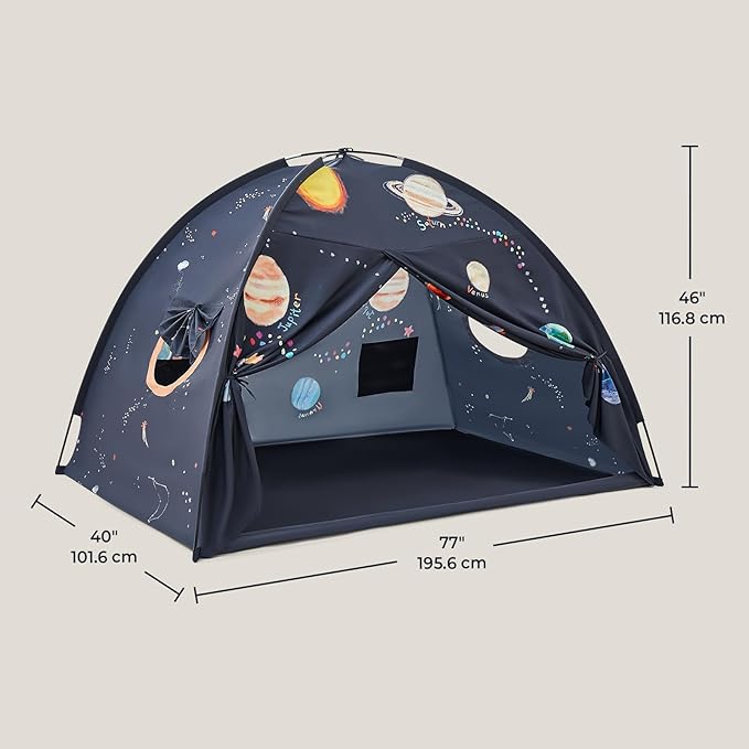Tiny Land Space Galaxy Bed Tent for Kids – Sleep Bed Canopy with 9 Planets Design, Easy-to-Install Indoor Kids Play Tent, Imaginative Playhouse, Ideal Gift for Boys & Girls – 77" x 40" x 46"